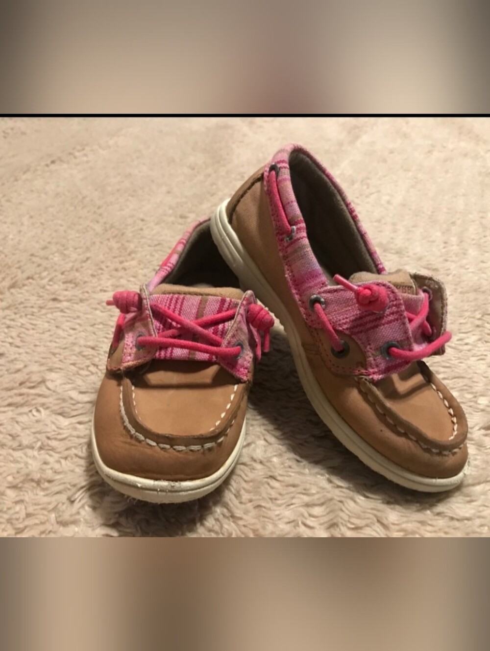 Little Girls Sperry Topsider Pink Plaid and Tan Boat Shoes Youth Size 11